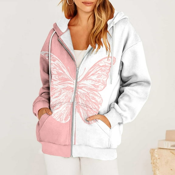 Usmixi 2025 Winter Womens Sweatshirt Coat Womens Coat Vintage Butterfly Graphics Zip up Drawstring Hooded Sweatshirt Jacket Plus Size Lightweight Fall Hoodies Outwear with Pocket