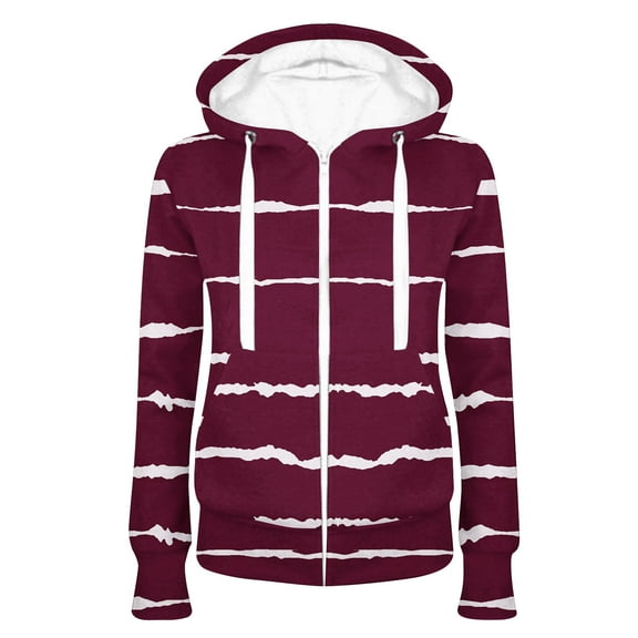 Usmixi 2023 Winter Womens Sweatshirt Coats Womens Sweatshirts Coats Winter Lightweight Long Sleeve Open Front Zipper Outwear Fashion Striped Print Drawstring Hooded Outwear with Pocket Up to 65% off