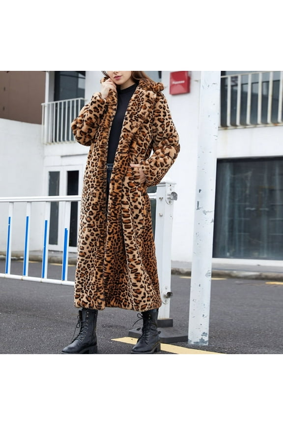 Usmixi 2023 Winter Womens Trench Coat Faux Fur Overcoat for Women Plus Size Cozy Fuzzy Fleece Vintage Leopard Long Coat Long Sleeve Lapel Fluffy Plush Outerwear with Pocket Up to 65% off