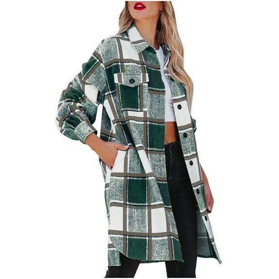 Usmixi 2023 Woolen Jacket for Women Womens Plaid Jacket Button Down Lapel Fashion Flannel Shirts Coats Long Sleeve Loose Mid Length Outwear Shacket with Pocket Winter Woolen Jacket