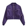 thumbnail image 1 of Usmixi 2025 Bomber Jacket for Women Varsity Jacket for Women Fashion Open Front Zipper Stand Neck Bomber Coats Casual Solid Pocket Loose Cropped Baseball Outwear Winter Bomber Jacket, 1 of 2