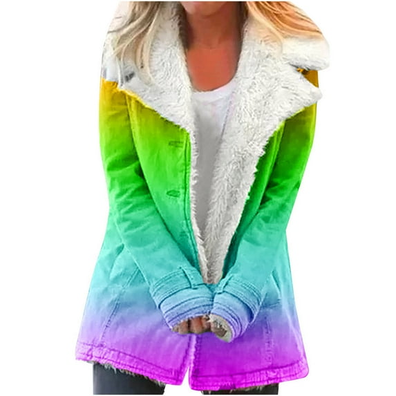 Usmixi 2025 Plush Coat for Women Womens Gradient Coats Warm Thickened Cozy Plush Padded Overcoat Long Sleeve Button Down Lapel Loose Outerwear with Pocket Winter Plush Coat