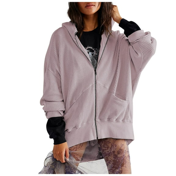 Usmixi 2025 Sweatshirt Coat for Women Knitted Coat for Women Casual Solid Open Front Full Zipper Hooded Jacket Long Sleeve Oversized Sweatshirt Outwear Winter Sweatshirt Coat