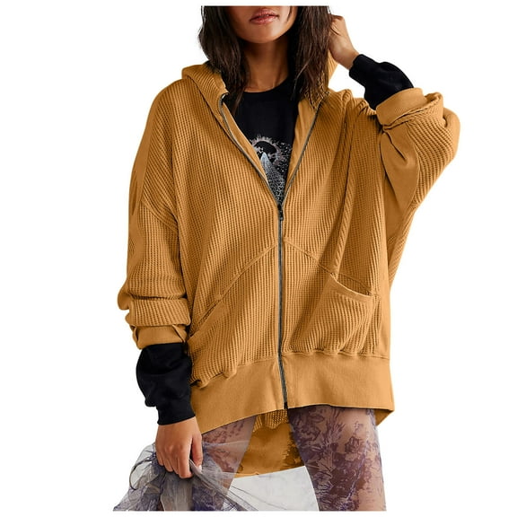 Usmixi 2025 Sweatshirt Coat for Women Knitted Coat for Women Casual Solid Open Front Full Zipper Hooded Jacket Long Sleeve Oversized Sweatshirt Outwear Winter Sweatshirt Coat
