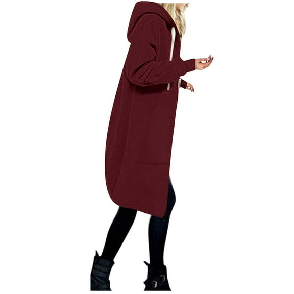 Usmixi 2025 Winter Womens Sweatshirt Coat Long Sweatshirt Coat for Women Casual Solid Plus Size Drawstring Hoodies Overcoat Tops Long Sleeve Open Zip up Hooded Jacket with Pocket