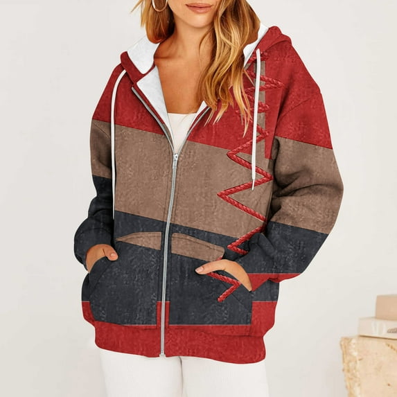 Usmixi 2025 Winter Womens Sweatshirt Coat Women Hooded Outwear Tops Trendy Color Patchwork Drawstring Hoodies Sweatshirt Coat Fall Long Sleeve Open Front Zip Loose Jacket with Pocket