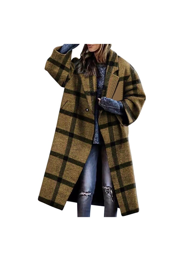 Usmixi 2025 Wool Jacket for Women Trench Overcoat for Women Fashion Plaid Print Button Lapel Plus Size Long Coat Long Sleeve Cozy Woolen Coats Outwear with Pocket Winter Wool Jacket