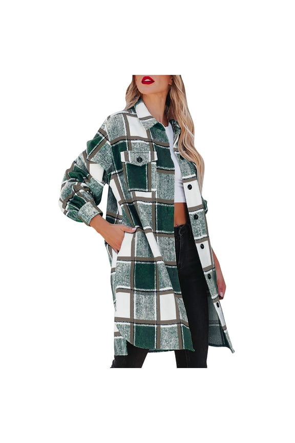 Usmixi 2025 Woolen Jacket for Women Womens Plaid Jacket Button Down Lapel Fashion Flannel Shirts Coats Long Sleeve Loose Mid Length Outwear Shacket with Pocket Winter Woolen Jacket