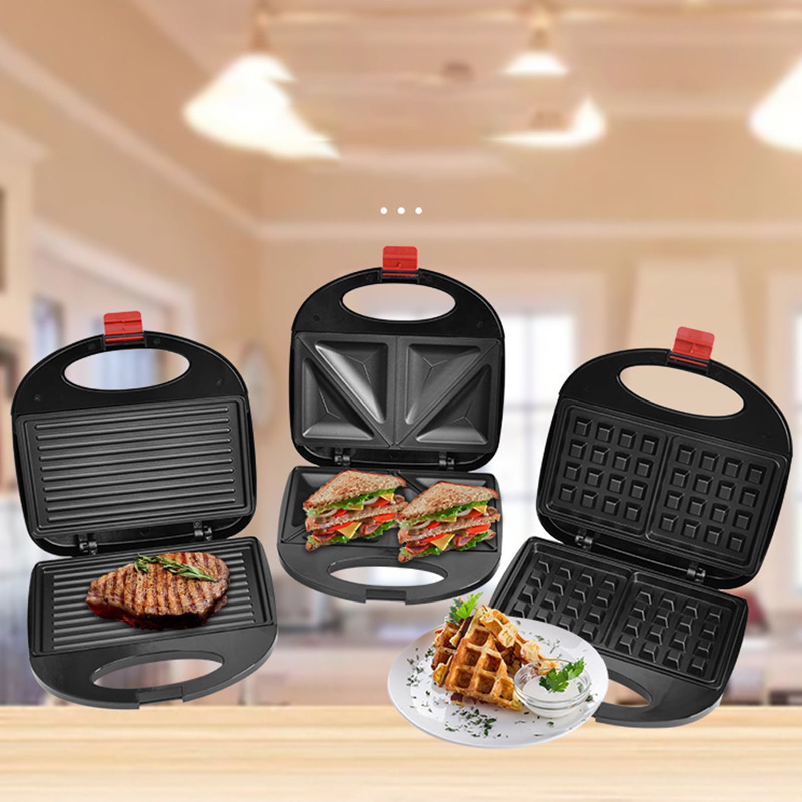 Sunvivi 3-in-1 Sandwich & Waffle Maker - 850W Electric Grill With Removable Plates, Glass Top & Cool-Touch Handle