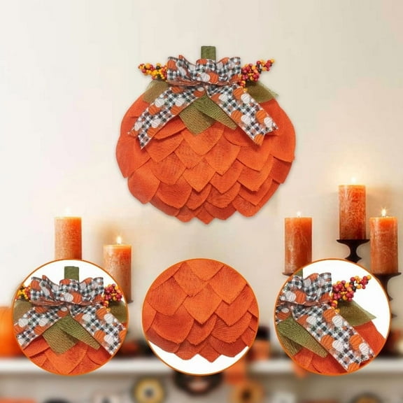 Usmixi 40cm Pumpkin Wreath with Bows and Berries - Fall Halloween Thanksgiving Front Door Decor, Rustic Pumpkin Garland for Porch, Wall, and Window Displays