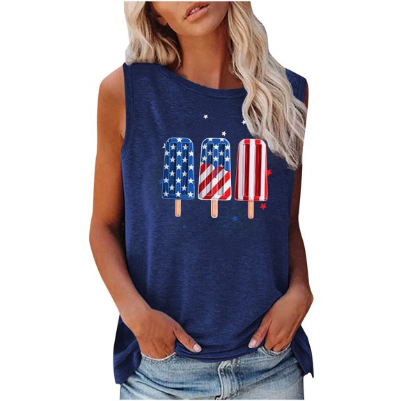 Usmixi 4th of July Tank Top for Women Comfy Loose Fit Patriotic Independence Day Shirts Vest Summer Popsicle Flag Print Round Neck Sleeveless Fashion Blouses Blue m