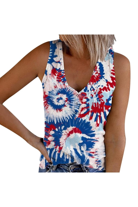 Usmixi 4th of July Tank Top for Women Plus Size Knitted Ribbed Independence Day Patriotic Shirt Vest Summer American Flag Print V-Neck Sleeveless Fashion Blouses Blue m
