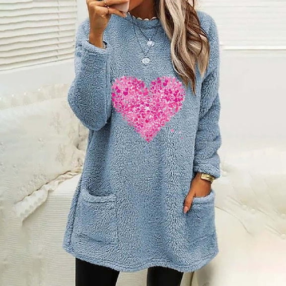 Usmixi Under $5 Fleece Sweatshirt for Women Winter Womens Thickened Plush Pullover Sweater Long Sleeve Crewneck Cozy Sherpa Sweatshirt Fashion Heart Print Graphics Pocket Coat Tops