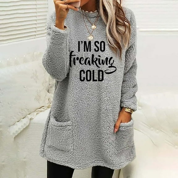 Usmixi Under $5 Plush Sweatshirt for Women Winter Womens Fleece Sweater Long Sleeve Crewneck Cozy Soft Plush Sweatshirt Fashion Letter Print Loose Thickened Pullover Tops with Pocket