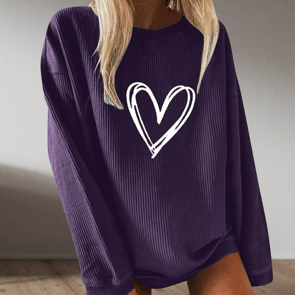 Usmixi Sweatshirt for Women Winter Womens Crewneck Sweatshirt Valentine's Day Fashion Heart Print Sweater Long Sleeve Loose Cozy Knitted Ribbed Pullover Sweatshirt Tops