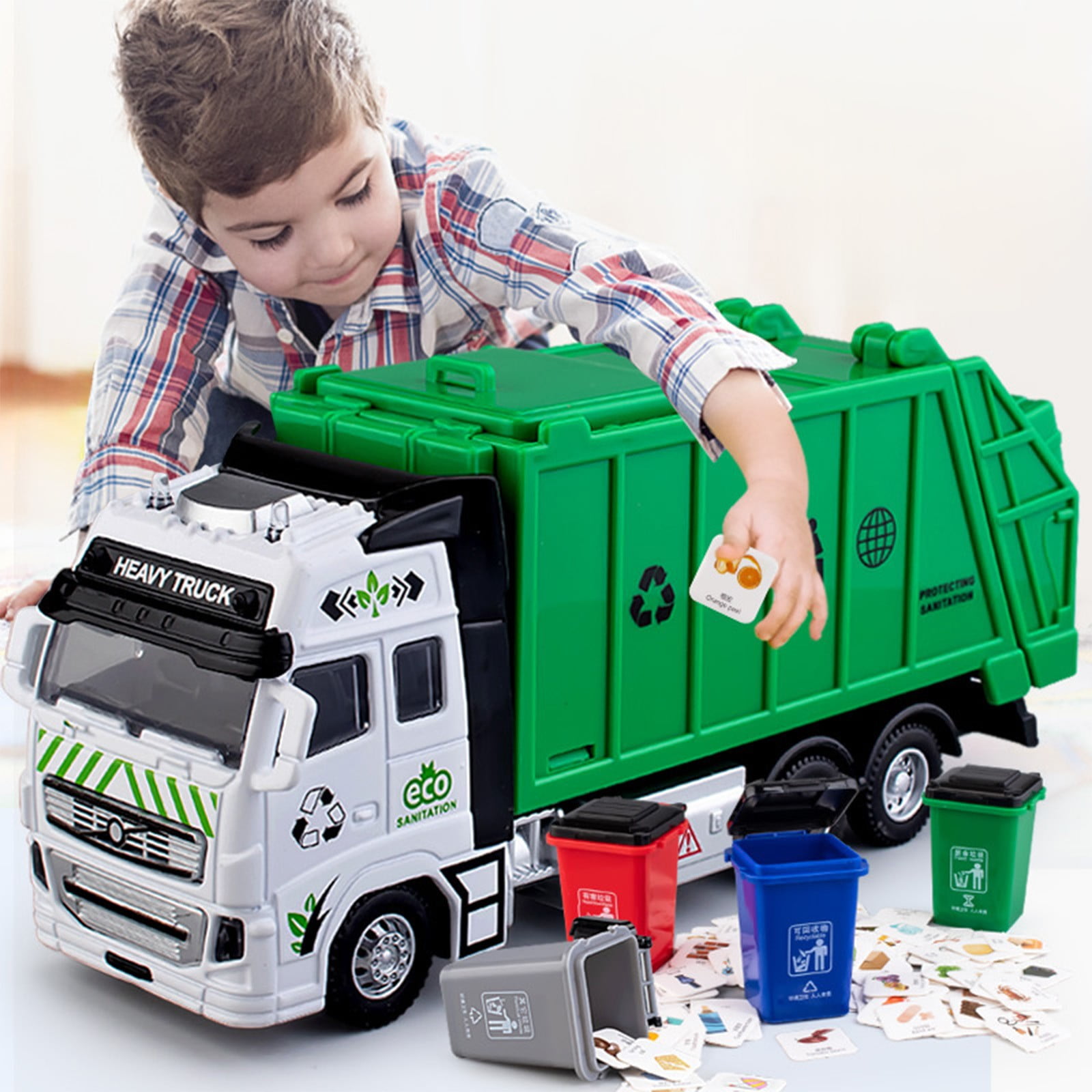 Usmixi Alloy Garbage Truck Children's Toys Boys' Cleaning Truck Project Self Loading Self Dumping Sanitation Truck Hanging Bucket Garbage Classification Deals