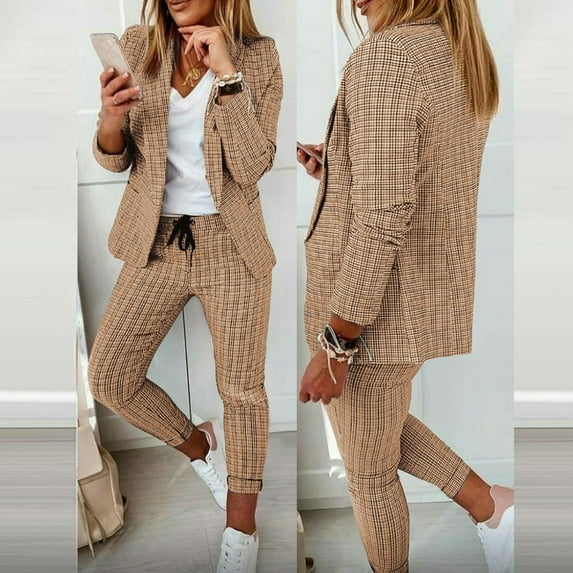 Usmixi Blazer Sets for Women Business Lounge Sets for Women Classic Plaid Print Button Laple Blazer Coat and Suit Pant 2 Piece Outfits Sets Office Workout Casual Blazer Sets Under $10