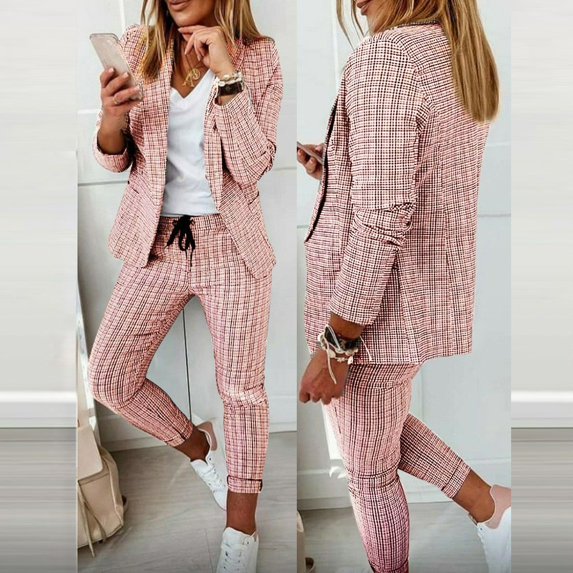Usmixi Blazer Sets for Women Business Lounge Sets for Women Classic Plaid Print Button Laple Blazer Coat and Suit Pant 2 Piece Outfits Sets Office Workout Casual Blazer Sets