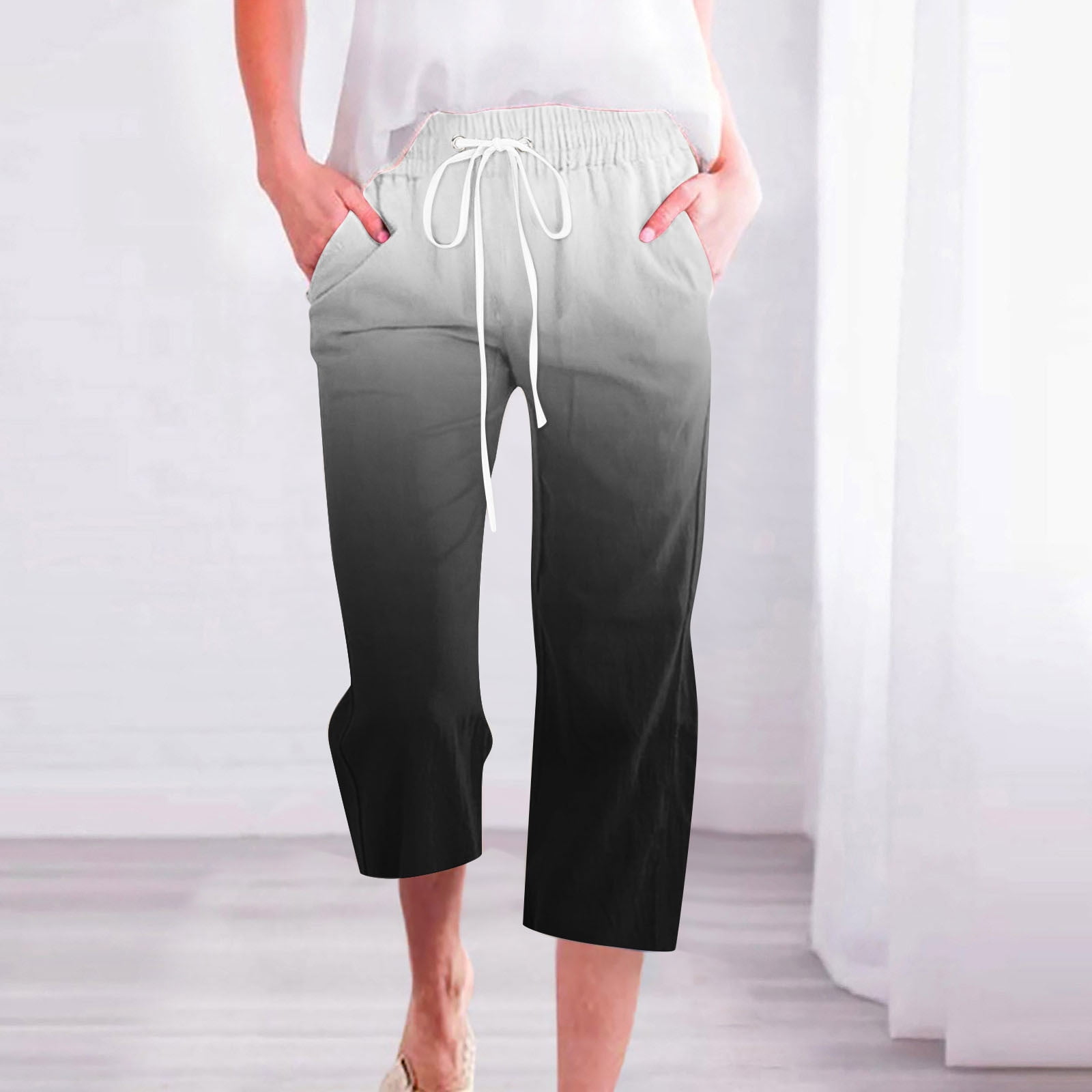 Usmixi Casual Capri Pants for Women Elastic Waist Drawstring Loose Straight  Cropped Pants Fashion Gradient Print Cotton Linen 3/4 Trousers with Pocket  Wine l 