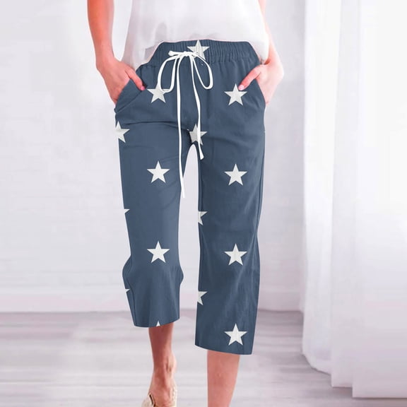Usmixi Casual Capri Pants for Women Elastic Waist Drawstring Loose Straight Cropped Pants Fashion Gradient Print Cotton Linen 3/4 Trousers with Pocket Navy XXL