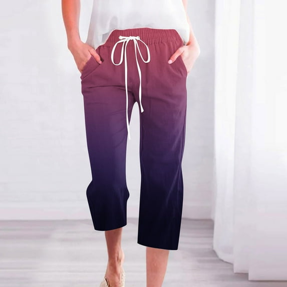 Usmixi Casual Capri Pants for Women Elastic Waist Drawstring Loose Straight Cropped Pants Fashion Gradient Print Cotton Linen 3/4 Trousers with Pocket Purple XL