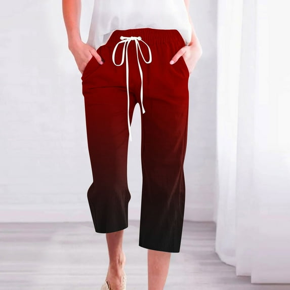 Usmixi Casual Capri Pants for Women Elastic Waist Drawstring Loose Straight Cropped Pants Fashion Gradient Print Cotton Linen 3/4 Trousers with Pocket Wine s