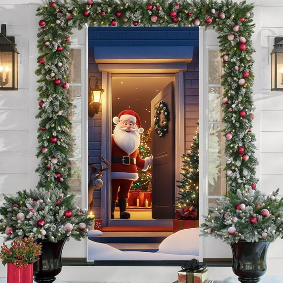Usmixi Christmas Door Cover 35x71 Inch Santa Claus Holiday Decorations Polyester Fabric Front Door Decor for Indoor Outdoor Christmas Party Festive Home Decor