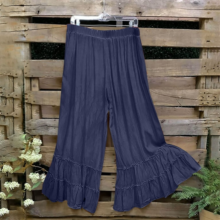 Usmixi Clearance Flare Pants for Women Flowy Pants for Women Vintage Cotton  Linen Boho Ruffle Layer Long Pants Casual Solid Elastic Waist Plus SIze
