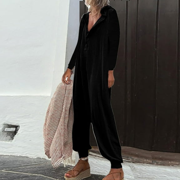 Usmixi Womens Jumpsuits Fall Plus Size Casual Button up Baggy Lightweight Maxi Jumpsuits Trendy Solid Lapel Long Sleeve Long Rompers for Women