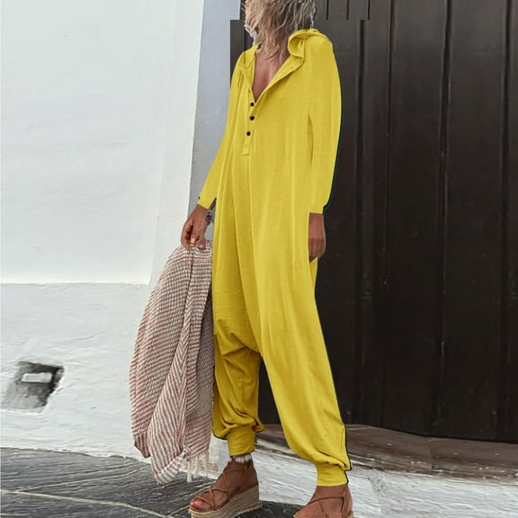 Usmixi Womens Jumpsuits Fall Plus Size Casual Button up Baggy Lightweight Maxi Jumpsuits Trendy Solid Lapel Long Sleeve Long Rompers for Women