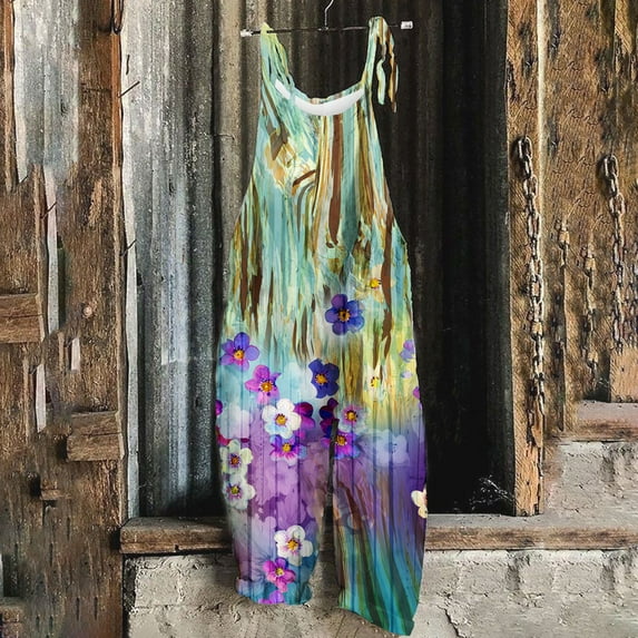 Usmixi Womens Jumpsuits Vintage Cotton Linen Loose Baggy Adjustable Strap Long Jumpsuits Casual Summer Trendy Floral Print Crewneck Sleeveless Maxi Rompers for Women