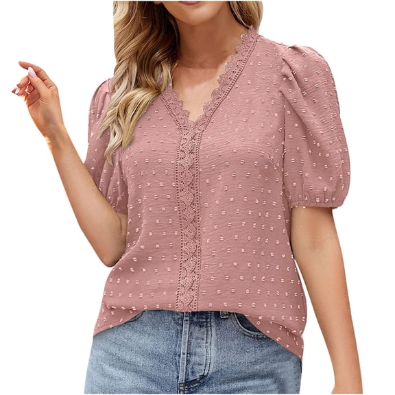 Usmixi Cute Tops for Women Solid V-Neck Short Sleeve T shirts Summer Puff Sleeve Elegant Lace Trim Comfy Chiffon Tunic Blouses Pink S Clothes
