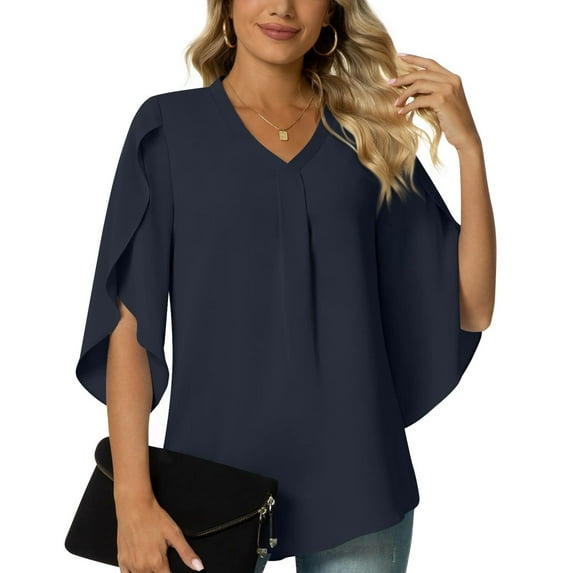Usmixi Cute Tops for Women Elbow-Length V-Neck Solid T shirts Summer Casual Lightweight Loose Fit Comfy Chiffon Blouse Navy M Clothes