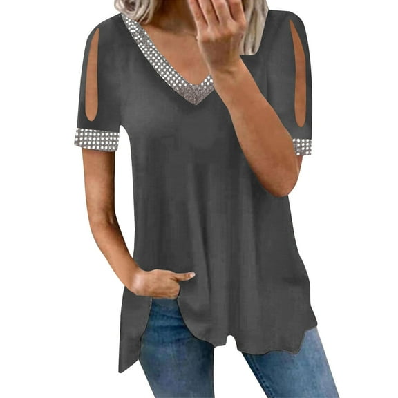 Usmixi Cute Tops for Women Short Sleeve V-Neck Solid T shirts Summer Lightweight Cold Shoulder Plus Size Tunic Blouse Dark Gray XL Clothes