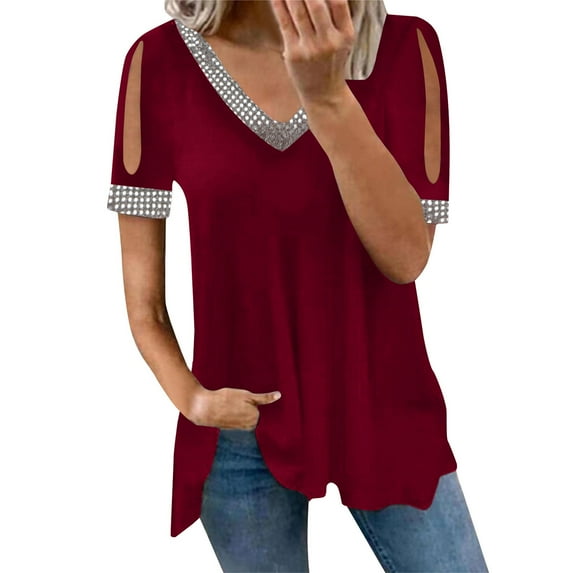 Usmixi Cute Tops for Women Short Sleeve V-Neck Solid T shirts Summer Lightweight Cold Shoulder Plus Size Tunic Blouse Wine M Clothes