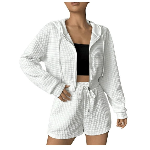 Usmixi Womens 2 Piece Outfits Front Zip Hooded Coat 2 Piece Sets Casual Solid Drawstring Elastic Waist Shorts Outfits Sets Sports Running Lounge Sets Tracksuits Sets with Pocket Fall Saving