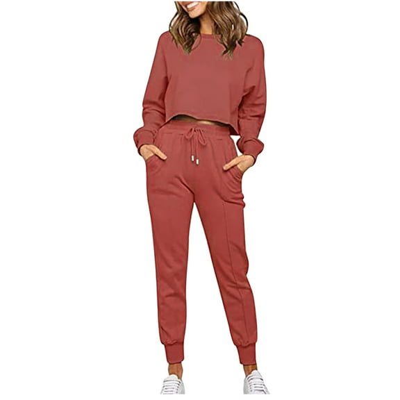 Usmixi Womens 2 Piece Outfits Womens Elastic Waist Drawstring Jogger Pant Lounge Set Long Sleeve Pullover Tops 2 Piece Outfits Set Casual Solid Sports Sweatsuits Set with Pocket Fall Saving