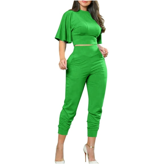 Usmixi Womens 2 Piece Outfits Womens Lounge Sets Flared Sleeve Cropped Pullover Tops and High Waist Long Pant Matching Set Plus Size Casual Solid Suit Sets with Pocket Fall Saving