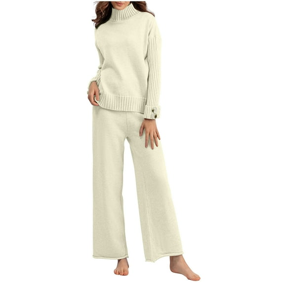 Usmixi Deals Womens 2 Piece Sweater Sets Turtleneck Sweater Lounge Sets for Women Loose Cozy Knitted Pullover Tops and Wide Leg Pant 2 Piece Outfits Set Casual Solid Homewear Sets Fall Saving