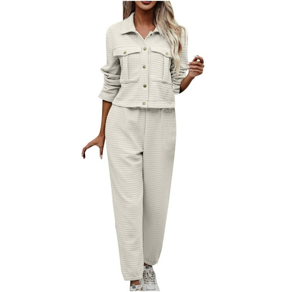 Usmixi Deals Womens Lounge Set 2 Piece Outfits for Women Knitted Button Lapel Shirt Jacket and Wide Leg Long Pant Matching Set Casual Solid Coat 2 Piece Set with Pocket Fall Saving