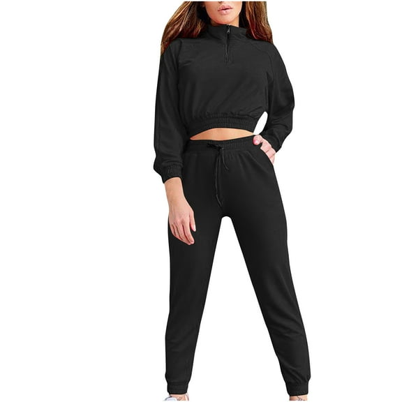 Usmixi Womens Sweatsuits Set 2 Piece Tracksuits Outfits Set for Women Plus Size Quarter Zip Pullover Cropped Sweatshirt and Drawstring Jogger Pant Lounge Sets with Pocket