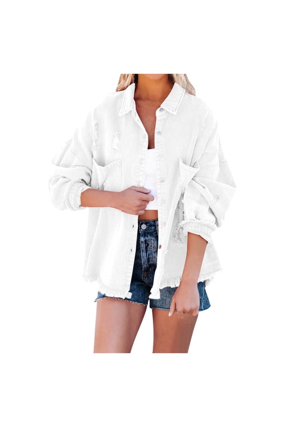 Gifts 2025 Winter Womens Denim Jacket Distressed Ripped Denim Coat for Women Trendy Lapel Boyfriend Jean Jacket Coat Long Sleeve Casual Solid Pocket Button Shacket Outwear