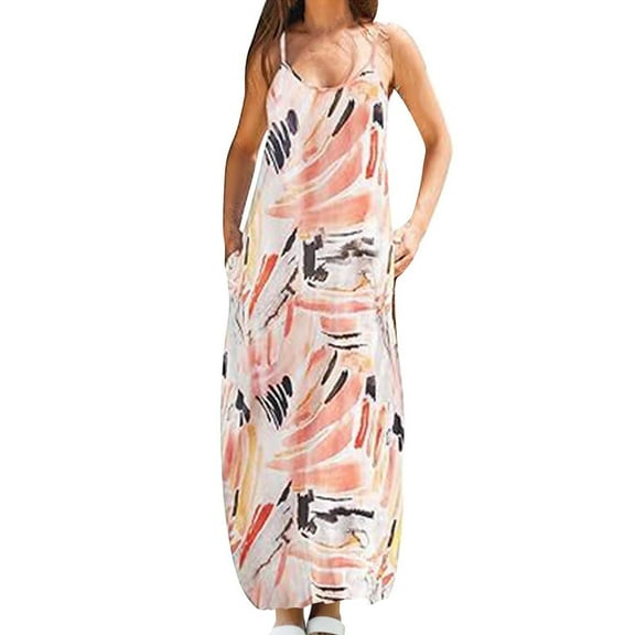ZZwxWA Dresses for Women 2025 Beach Fashion Loose Pocket Spaghetti Strap Boho Long Dresses Sleeveless V-Neck Graphics Print Summer Maxi Formal Dress