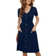 thumbnail image 1 of Usmixi Dresses for Women 2023 Casual Button Down Pocket Pleated Swing A Line Midi Dresses Short Sleeve V-Neck Solid Summer Knee-Length Sun Dress Dark Blue M Clearance Clothes, 1 of 7