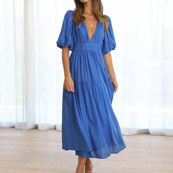 Usmixi Dresses for Women 2023 Elastic Waist Flowy Smocked Swing Causal Beach Sun Dresses Short Sleeve V-Neck Solid Summer Long Sun Dress Blue S Up to 65% off
