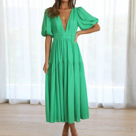 Usmixi Dresses for Women 2023 Elastic Waist Flowy Smocked Swing Causal Beach Sun Dresses Short Sleeve V-Neck Solid Summer Long Sun Dress Green XL Up to 65% off