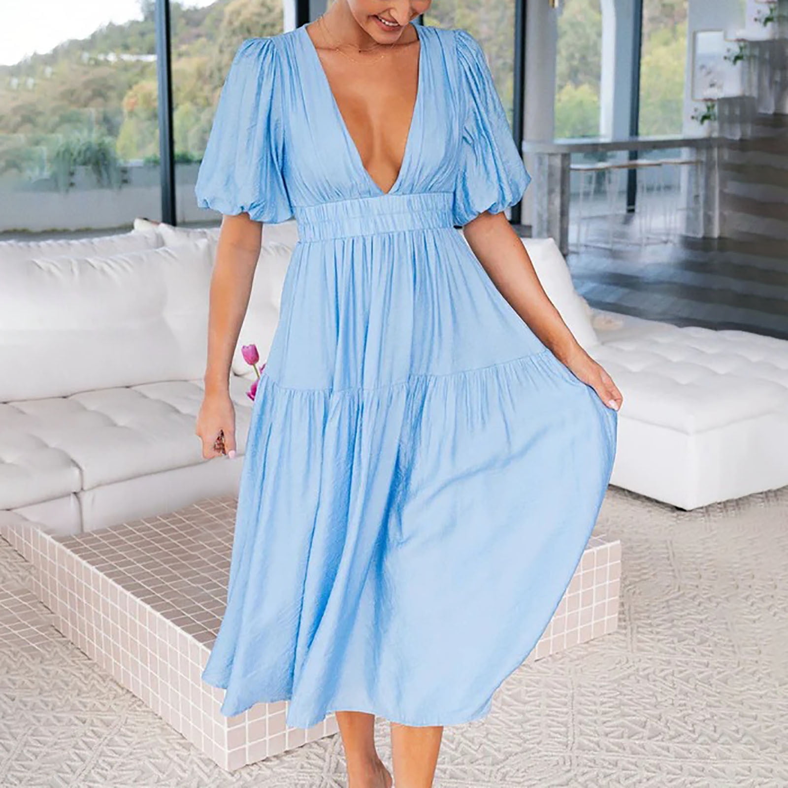 Usmixi Dresses for Women 2023 Elastic Waist Flowy Smocked Swing Causal  Beach Sun Dresses Short Sleeve V-Neck Solid Summer Long Sun Dress Light Blue  XL - Walmart.com