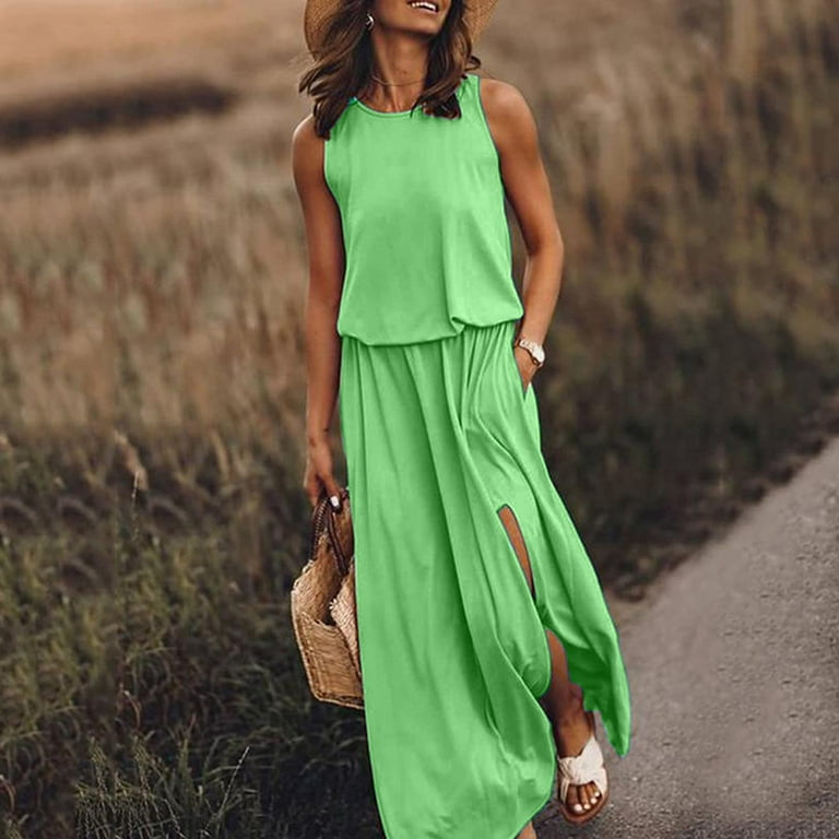 Usmixi Dresses for Women 2023 Elastic Waist Plus Size Slit Pocket Tank Long  Dresses Sleeveless Round Neck Solid Summer Maxi Sun Dress Green L