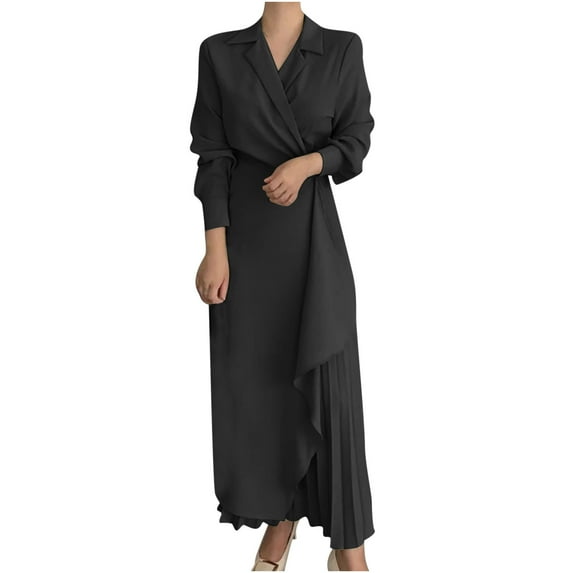 Usmixi Dresses for Women 2023 Plus Size Business Casual Fall Pleated Hem Blazer Maxi Dresses Suit Dresses Solid Long Sleeve Lapel Long Formal Dresses for Women Black XXL