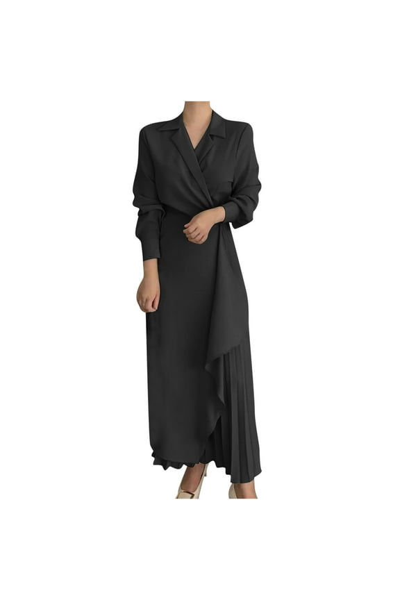 Usmixi Dresses for Women 2023 Plus Size Business Casual Fall Pleated Hem Blazer Maxi Dresses Suit Dresses Solid Long Sleeve Lapel Long Formal Dresses for Women Black XXXXXL